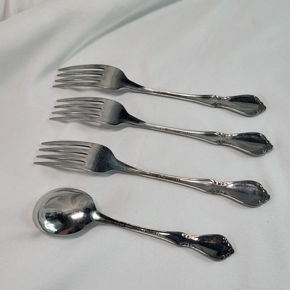3 Salad Forks + Soup Spoon Oneidacraft Celebrity Stainless Flatware USA Made